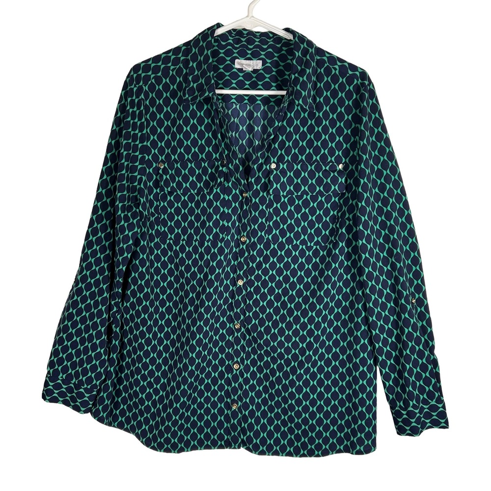 Charter Club XL Green Navy Geometric Button Down Blouse Roll Tab Sleeve Top